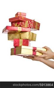 Hand holding stack of giftboxes