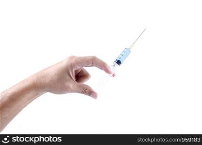 Hand holding syringe with blue serum isolated on white background