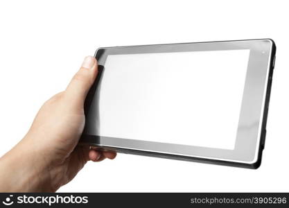 Hand holding Tablet PC isolated on white