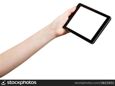 hand holding tablet-pc with cutout screen isolated on white background