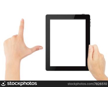 Hand holding tablet pc with touching hand. High quality and very detailed realistic illustration of android tablet pc. Add clipping path for touching hand. Isolated on white.