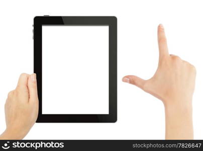 Hand holding tablet pc with touching hand. High quality and very detailed realistic illustration of android tablet pc. Add clipping path for touching hand. Isolated on white.