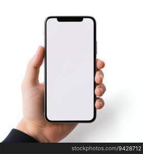 Hand Holding the Blank Smartphone Screen on White Background. Generative ai. High quality illustration. Hand Holding the Blank Smartphone Screen on White Background. Generative ai