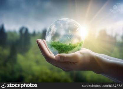 Hand holding the earth with global environmental for Reduce CO2 emission , renewable energy and green business concept , Generate Ai