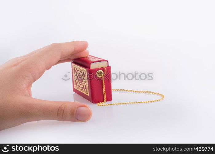 Hand holding The Holy Quran on a white background