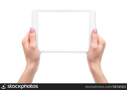 hand holding the phone tablet isolated on white background