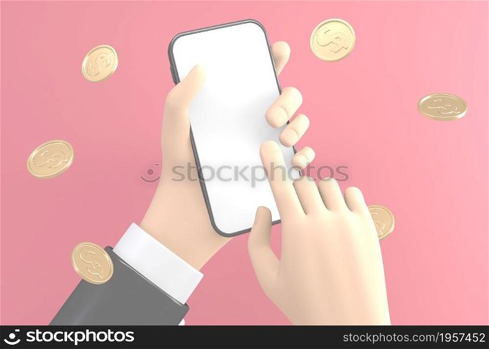 Hand holding the phone to reveal a blank white screen on white pink background. 3D rendering