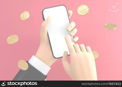 Hand holding the phone to reveal a blank white screen on white pink background. 3D rendering