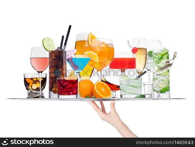 Hand holding tray with various cocktails with ice isolated on white background.Blue lagoon, martini, negroni, mojito, spritz, gimlet, cuba libre, cosmopolitan, margarita.