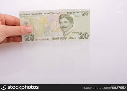 Hand holding Turksh Lira banknote on white background