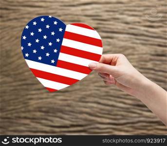 Hand holding USA flag heart