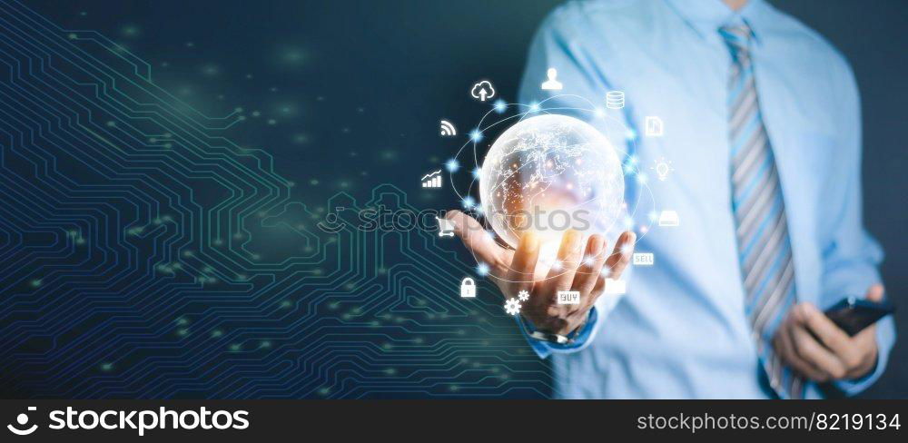 Hand holding virtual Global Internet connection metaverse. Business global internet connection application technology and digital marketing, Financial and banking, Digital link tech, big data.