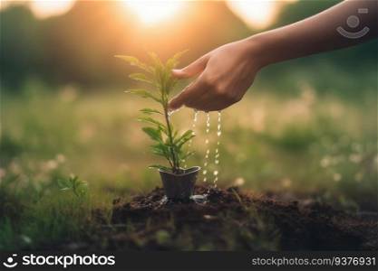 Hand holding water and watering a young tree. Generative AI