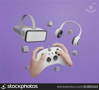 Hand holding white joystick gamepad controller VR goggles and headphone with game item element 3D rendering illustration 