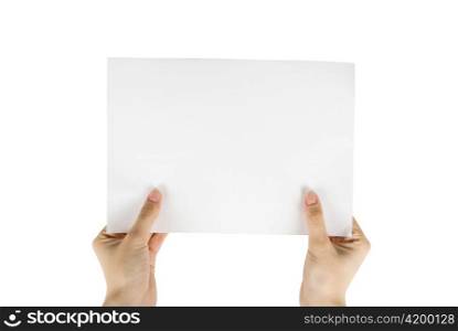 hand holding white paper isolated on white