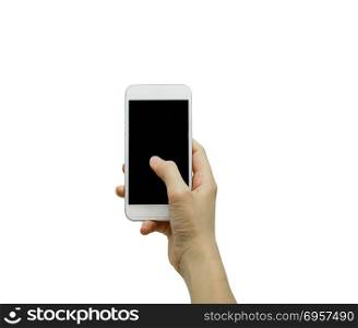 hand holding white phone isolated on white background