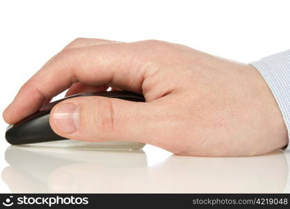 Hand holding wireless computer mouse over a white background