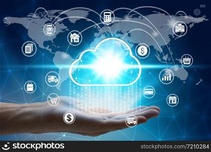 Hand holding with virtual cloud computing icon over the Network connection, Cyber Security Data Protection Business Technology Privacy concept.