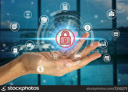 Hand holding with virtual padlock icon over the Network connection, Cyber Security Data Protection Business Technology Privacy concept.