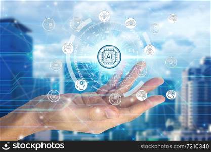 Hand holding with virtual screen Artificial Intelligence technology icon over the Network connection, Artificial Intelligence Technology Concept