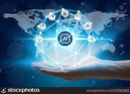 Hand holding with virtual screen Artificial Intelligence technology icon over the Network connection, Artificial Intelligence Technology Concept