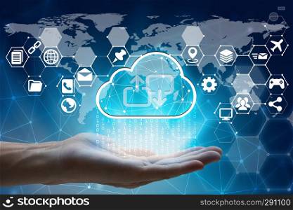 hand holding with virtual screen cloud computing and Interface Icons global network Cyber Security Data Protection Business Technology Privacy concept, Internet Concept of global business, cloud computing concept.