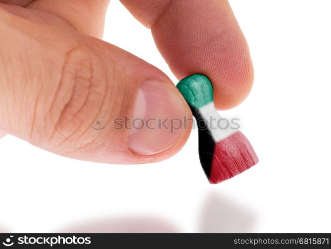 Hand holding wooden pawn with a flag painting, selective focus, Kuwait