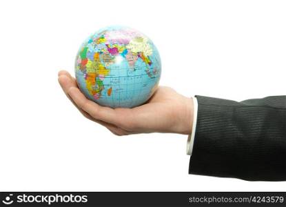 Hand holdings a globe on a whiteness