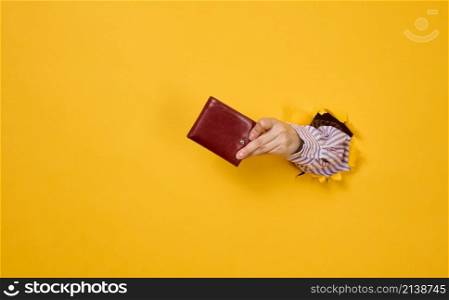 hand holds a brown leather wallet on a yellow background, part of the body sticks out of a torn hole in the paper