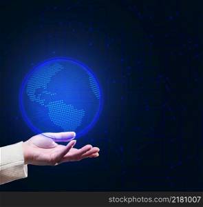 hand holds a holographic globe model. The concept of global internet coverage of the globe. Quick exchange of information