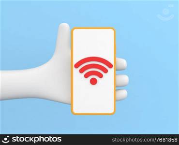 Hand holds a smartphone with wi-fi on a blue background. 3d render illustration. 