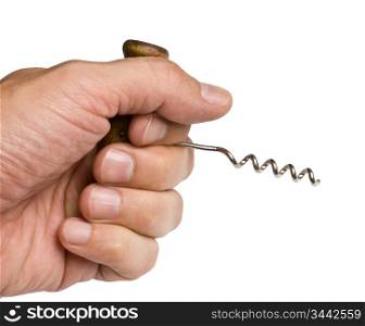 hand holds corkscrew isolated on a white background
