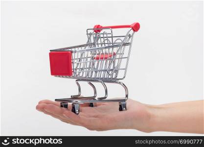 Hand holds empty grocery cart, white background