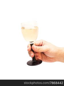 Hand holds glass goblet with champagne isolated on white background