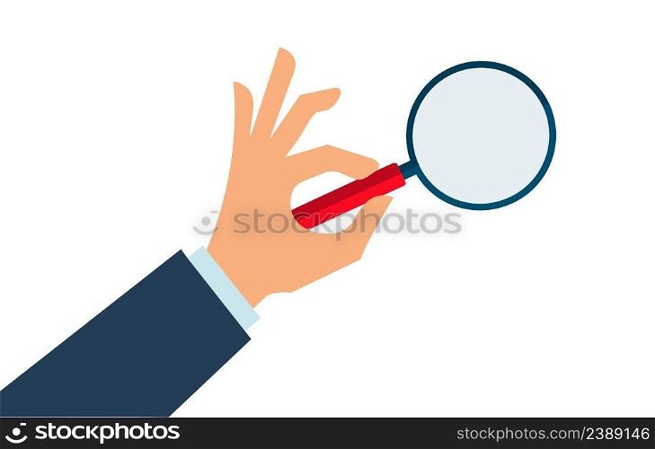 Hand holds Magnifying glass in search of something. Stock HD vector. Hand holds Magnifying glass in search of something. Stock vector