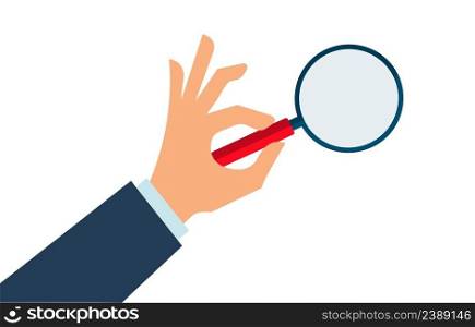 Hand holds Magnifying glass in search of something. Stock HD vector. Hand holds Magnifying glass in search of something. Stock vector