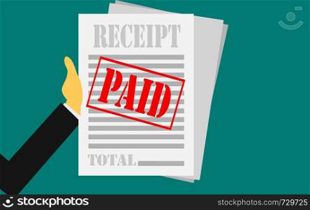 Hand holds receipt with paid stamp, 3D rendering