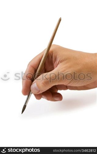 hand holds the brush to draw