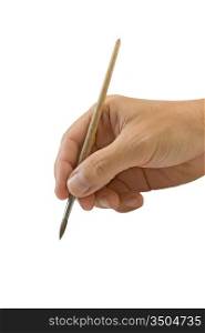 hand holds the brush to draw isolated on a white background