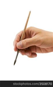 hand holds the brush to draw isolated on a white background