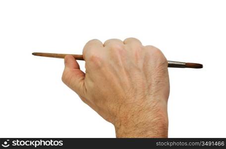 hand holds the brush to draw isolated on white background