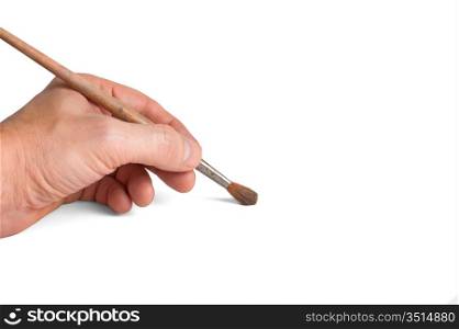 hand holds the brush to draw isolated on white background