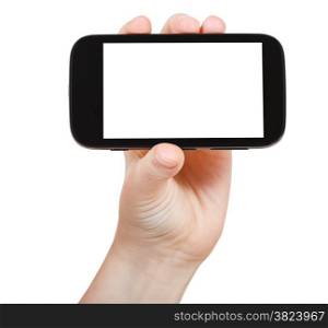 hand holds touchscreen phone with cut out screen isolated on white background