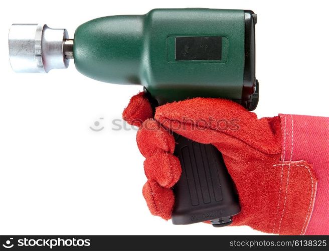 hand in a working glove holds air impact wrench