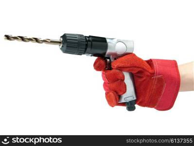 hand in a working glove holds reversible air drill