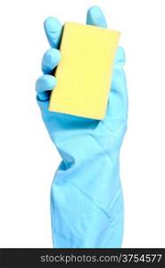 Hand in blue glove with sponge isolated on white background