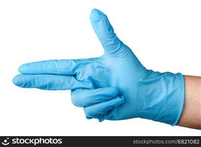 Hand in blue latex glove fingers pistol isolated on white background
