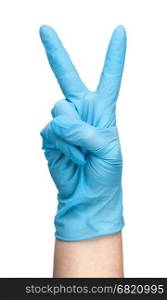 Hand in blue latex glove showing two fingers isolated on white background