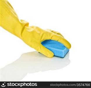 hand in glove with blue sponge