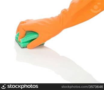 hand in orange glove with sponge